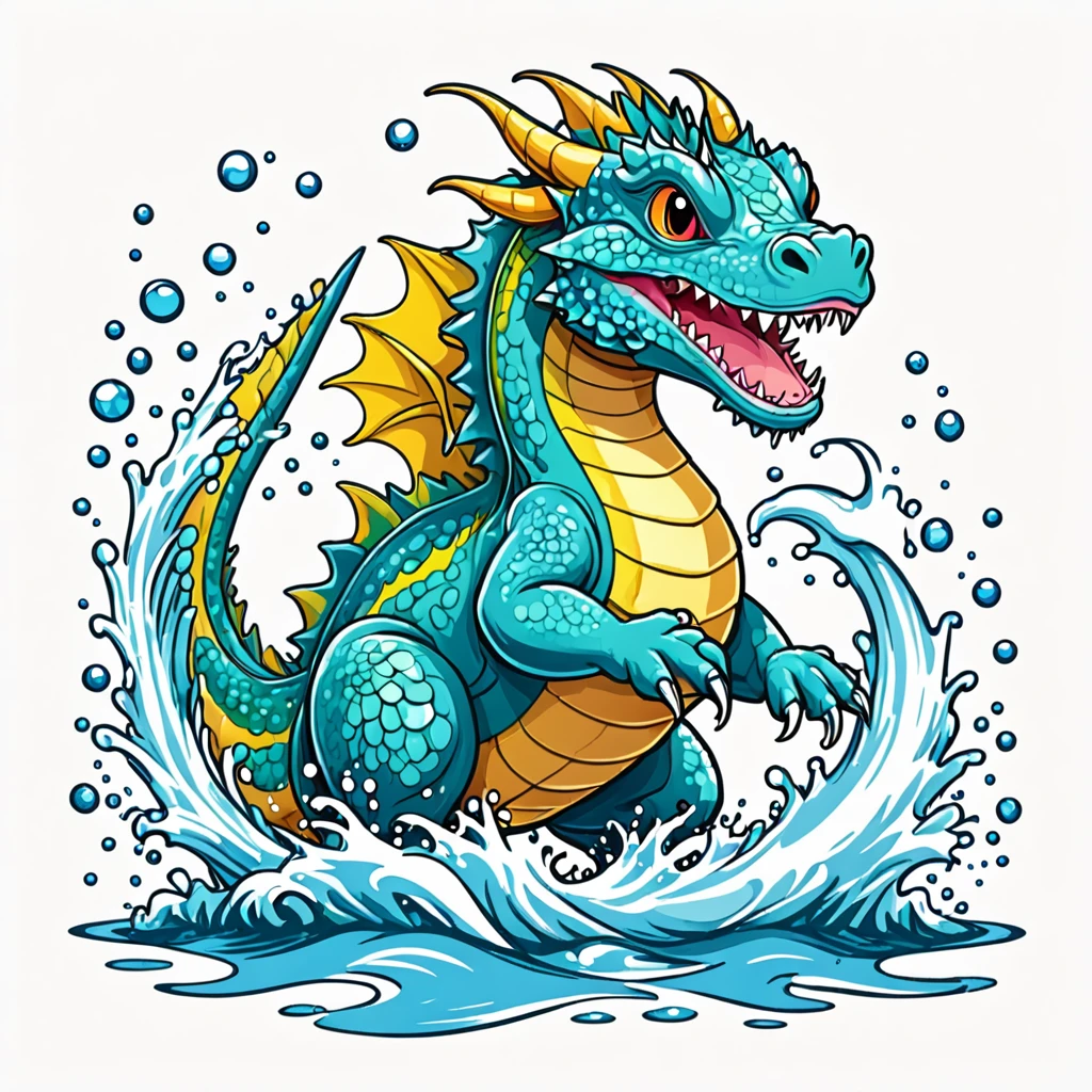 Playful water dragon splashing in the waves with a cheerful expression, kawaii style, joyful and energetic mood, bright and vivid lighting. T-shirt design graphic, vector, contour, white background.