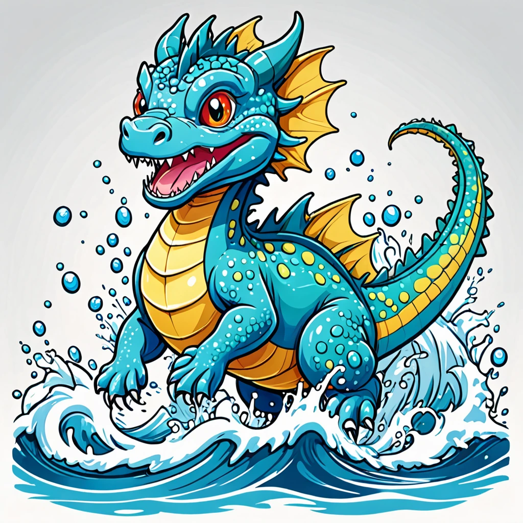 Playful water dragon splashing in the waves with a cheerful expression, kawaii style, joyful and energetic mood, bright and vivid lighting. T-shirt design graphic, vector, contour, white background.