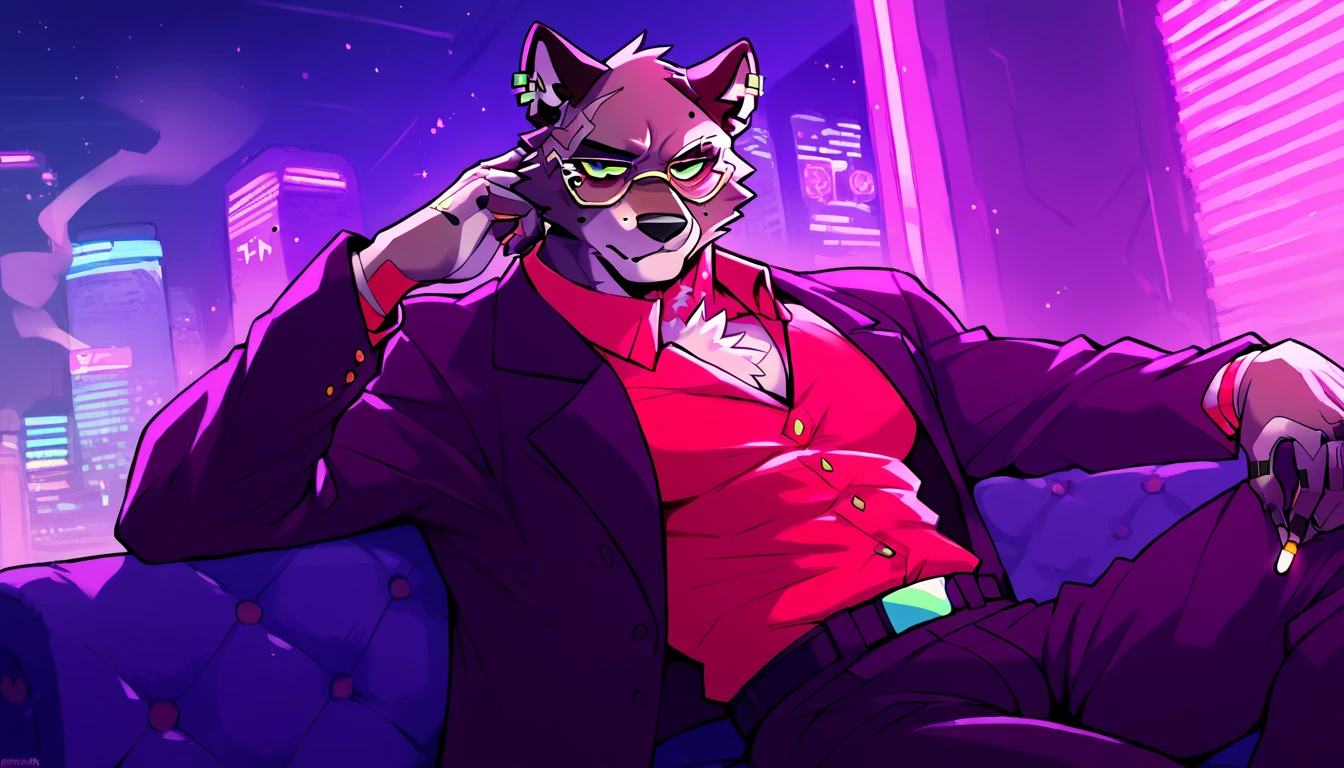 score_9, score_8_up, score_7_up, (cyberpunk city, night room, luxury apartment, security guards on background:1.5),
((mole:1.2), anthro, solo, male, sitting in an armchair, (smoking cirage:1.2), ((wearing business suit, mafia mole boss)), ((black mole fur)), (blind, glasses:1.5), scars, bald head, beautiful, (wears cyberpunk additions, without an eyes:1.5)