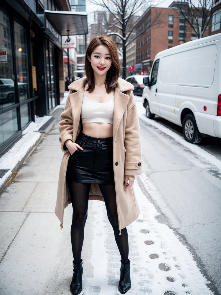 best quality, 4k, 8k, Detailed faces, clear face, a pretty girl, Korean makeup, Red lips,laugh, perfect body,shoulder length straight bob hair,small breasts,thigh,slim,thin, The girl wears a long and wide coat, Underneath the jacket was full body pantyhose, lower abdomen, Snowscape, winter, street,