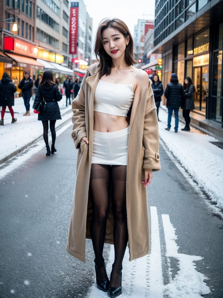 best quality, 4k, 8k, Detailed faces, clear face, a pretty girl, Korean makeup, Red lips,laugh, perfect body,shoulder length straight bob hair,small breasts,thigh,slim,thin, The girl wears a long and wide coat, Underneath the jacket was full body pantyhose, lower abdomen, Snowscape, winter, street,