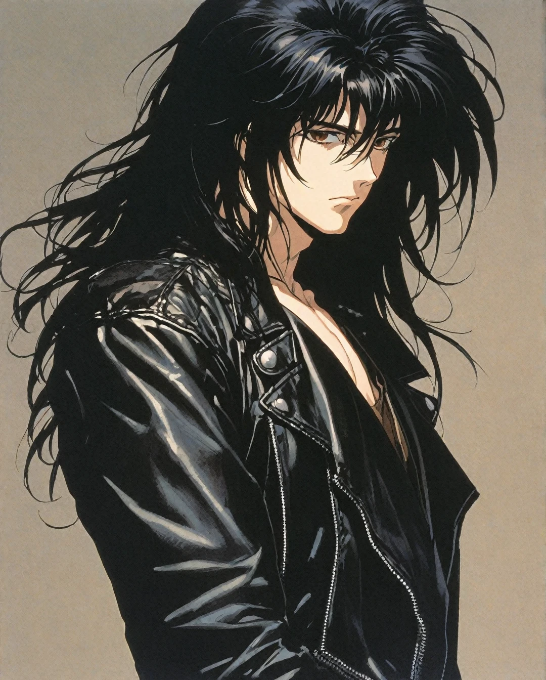 Flat-colored still of a 1 male, pale skin, long black hair, brown eyes, fit body, leather jacket, leather jeans, black t-shirt... anime girl from a 80s Anime portrayed by hajime sorayama, looking away from the viewer, solemn expression