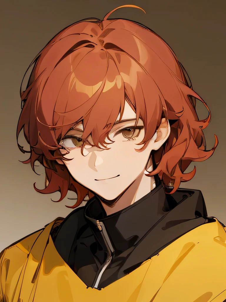Man Messy red wavy short hair, stunning anime face portrait, looking to nothing, smile thinly, manly, bright warm GOLDEN YELLOW high detailed thin eyes, grayard grey background, high detailed shadow