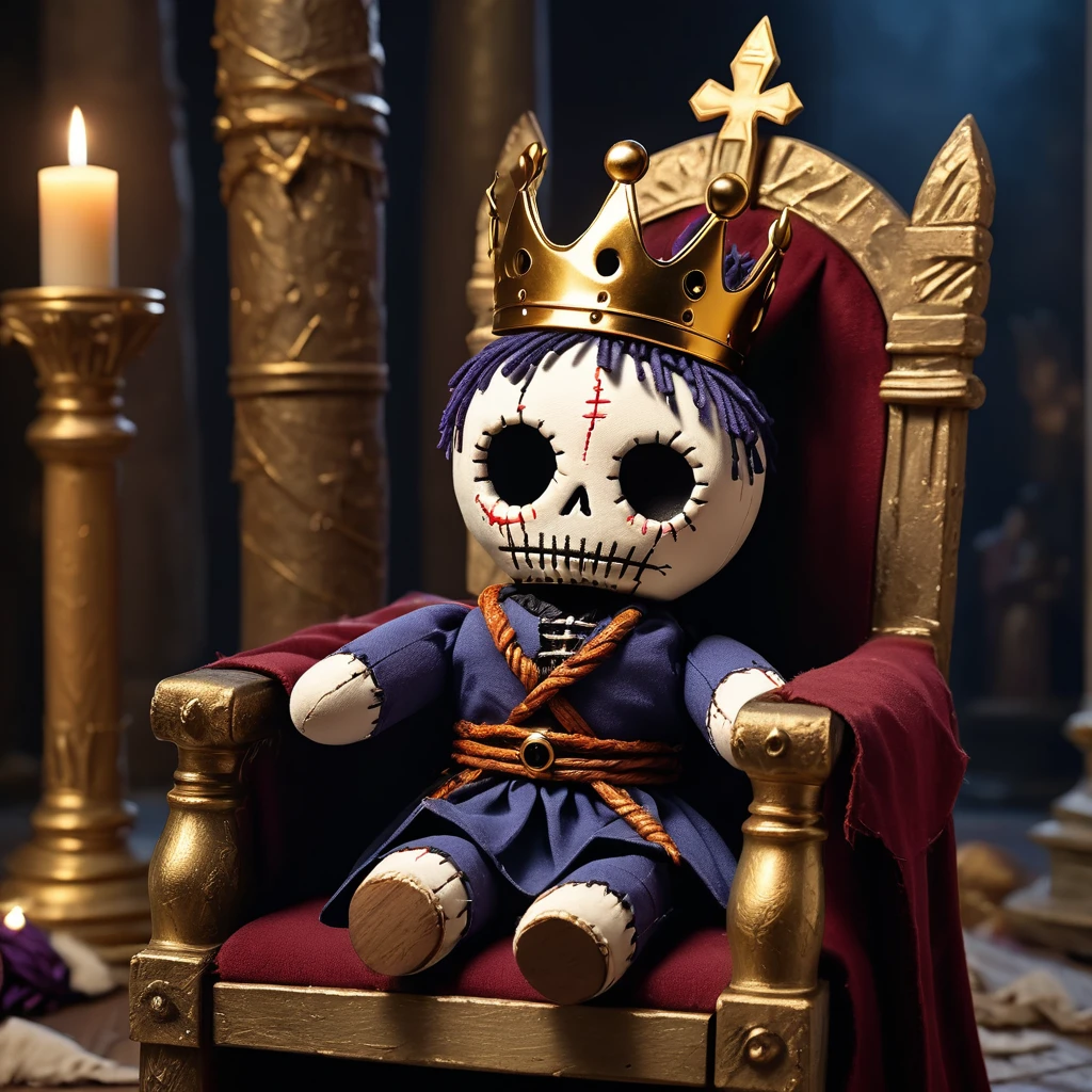 (knitted toy voodoo doll:1.7), (Voodoo Cursed King:1.3), (clothes Torn royal cloak, dark crown, golden scepter:1.0), (in the background Ruined throne room, fallen columns, moonlight:1.3), best quality, masterpiece, detailed soft oil painting, detailed background, dramatic cinematic lighting, soft edge lighting, professional, dramatic lighting, hard edge lighting, ultra quality, 4k, masterpiece, best quality, 8k, ultra high definition, high resolution, extremely detailed