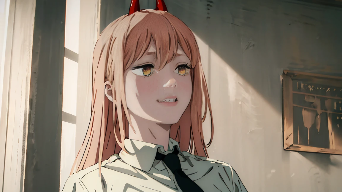 (Best quality), (masterpiece), (only), 1 girl, Maybe_XM, peach hair, yellow eyes, cross-shaped pupils, pupils in the form of symbols, red horns, white button up shirt, black tie, sharp teeth, smile, long hair, whole body