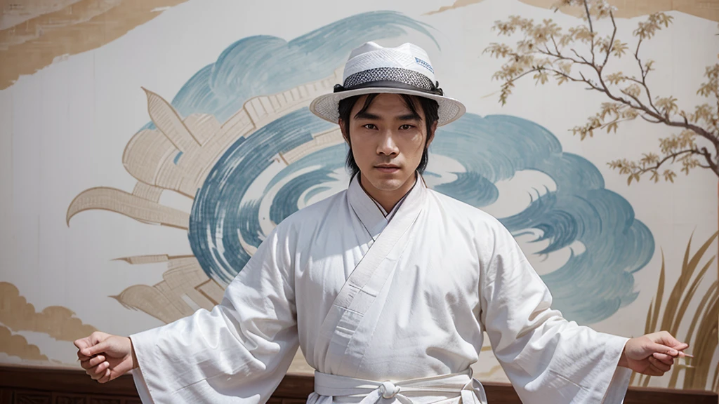 Drawing of a man wearing a hat, white clothes, Hanfu white pattern, Dunhuang mural style, Two-dimensional realism, inspired by Wu Daozi, Inspired by Hu Zaobin, inspired by Emperor Xuande, inspired by Hu Zao,