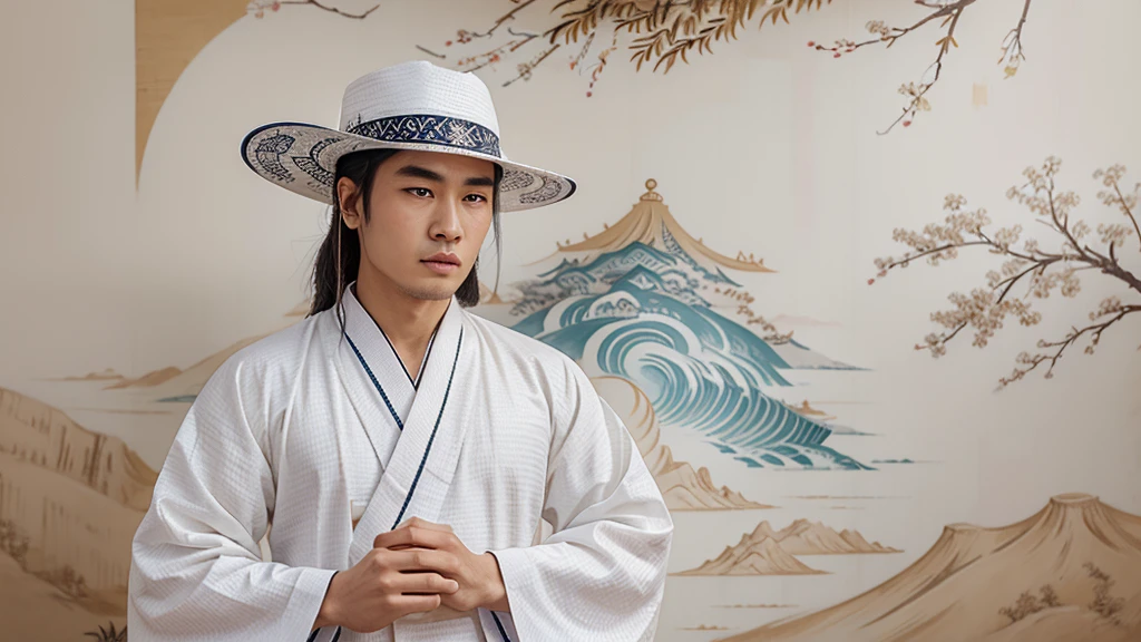Drawing of a man wearing a hat, white clothes, Hanfu white pattern, Dunhuang mural style, Two-dimensional realism, inspired by Wu Daozi, Inspired by Hu Zaobin, inspired by Emperor Xuande, inspired by Hu Zao,