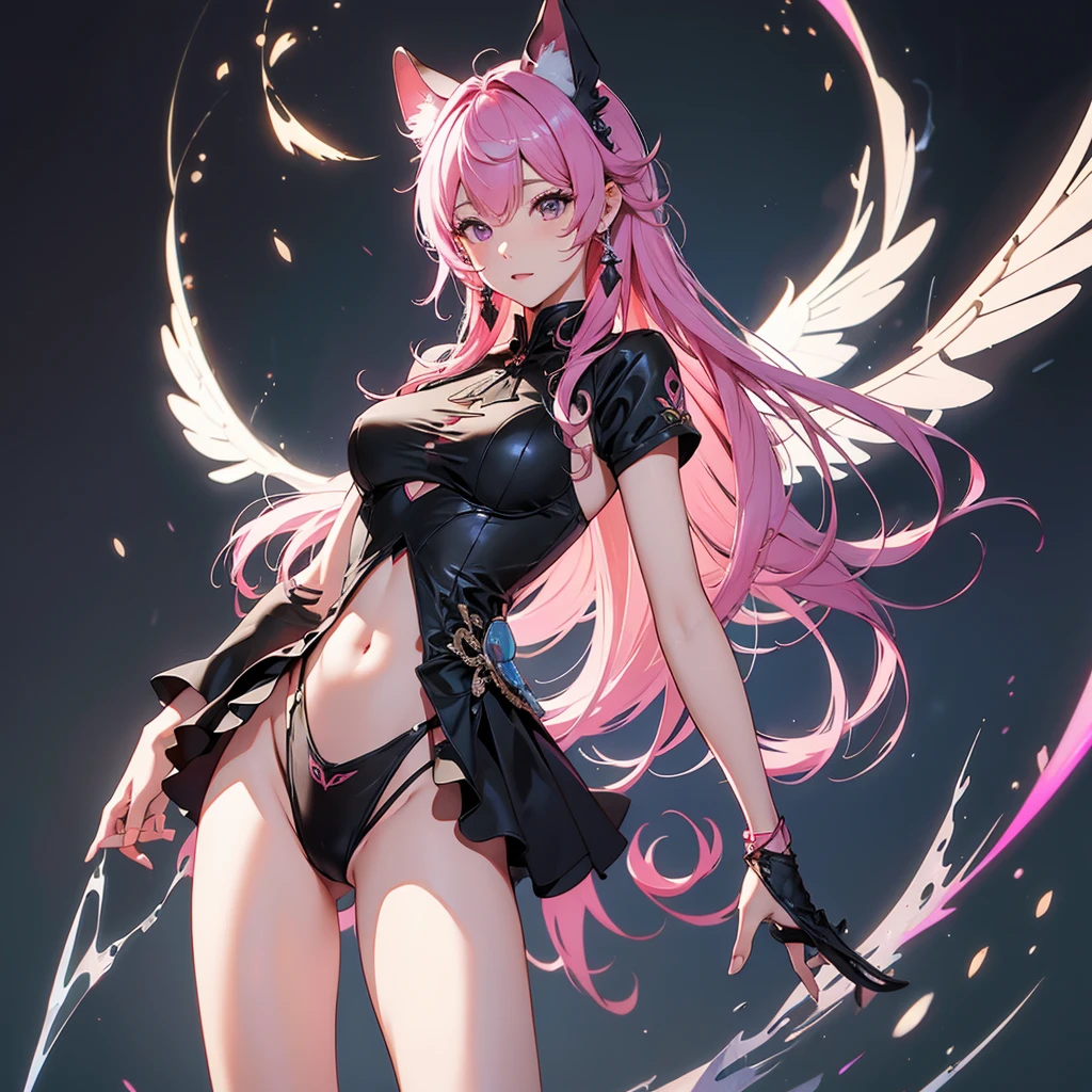 Highest quality、masterpiece、High sensitivity、High resolution、Detailed Description、Slim Body、pink hair、black dressed、wing ear