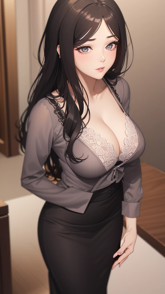 a beautiful anime office lady, wearing a lace bra, elegant and charming, detailed face, expressive eyes, detailed lips, long flowing hair, graceful pose, detailed clothing, soft lighting, pastel colors, photorealistic, 8k, best quality, masterpiece