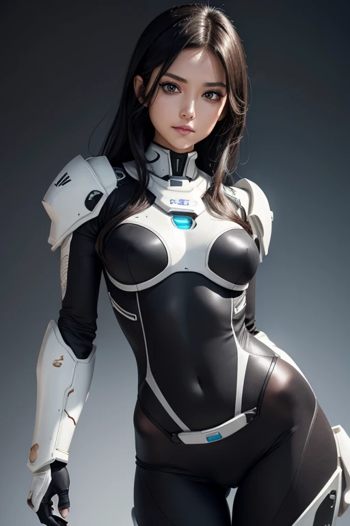 (upper body), (realistic, [anime]), (3d:0.3), dramatic lighting, ((masterpiece)),(quality),(highres), tall Lady Voidstar, [[covered abs]], ((x-ray power armor|lined bodysuit|white power armor) mechanical arms), long black hair undercut, [evil smile], small breasts, covered navel, eyeliner, eyelashes, perfect face, beautiful nose, detailed pupil, beautiful eyes, detailed eyes, brown eyes, perfect lips, a-pose on monitor, simple background, [boku no hero academia], (zet:1) ,  