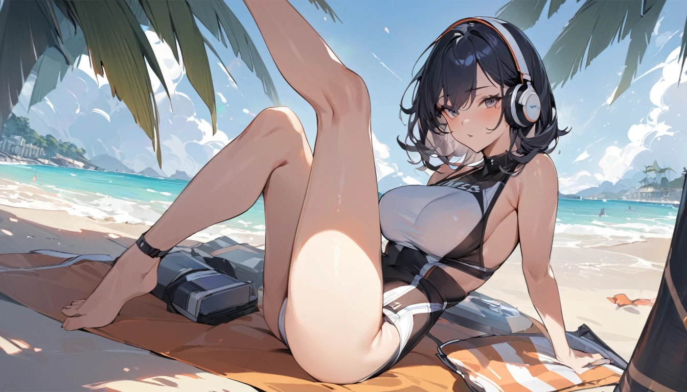 ((Top Quality)), ((Masterpiece)), ((Detail)), Perfect face, Perfact bodty, sitting on the beach, listening to music, wearing headphones, wearing swimsuits, swimsuits are transparent, legs open Sitting wide open, wearing tight clothing (yes, buttocks and breasts are exposed). I see a face, one women