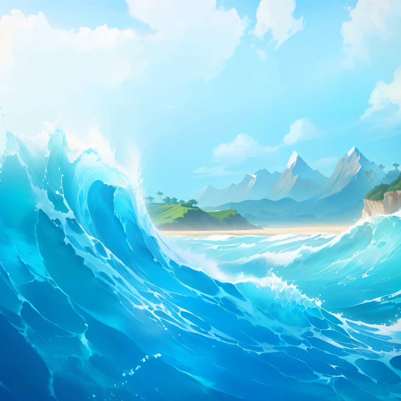 A painting depicting waves crashing on the beach，A painting with a mountain in the background, wild ocean background, background technologywork, Island Background, Breeze Background, background technology, ocean background, Sea background, ocean, tropical ocean, Amazing wallpapers, Beach Background, Detailed sea, Beautiful background, 4k hd wallpaper illustration, Amazing background, A beautiful artistic illustration, Wallpaper HD beautiful, Fantasy seascape