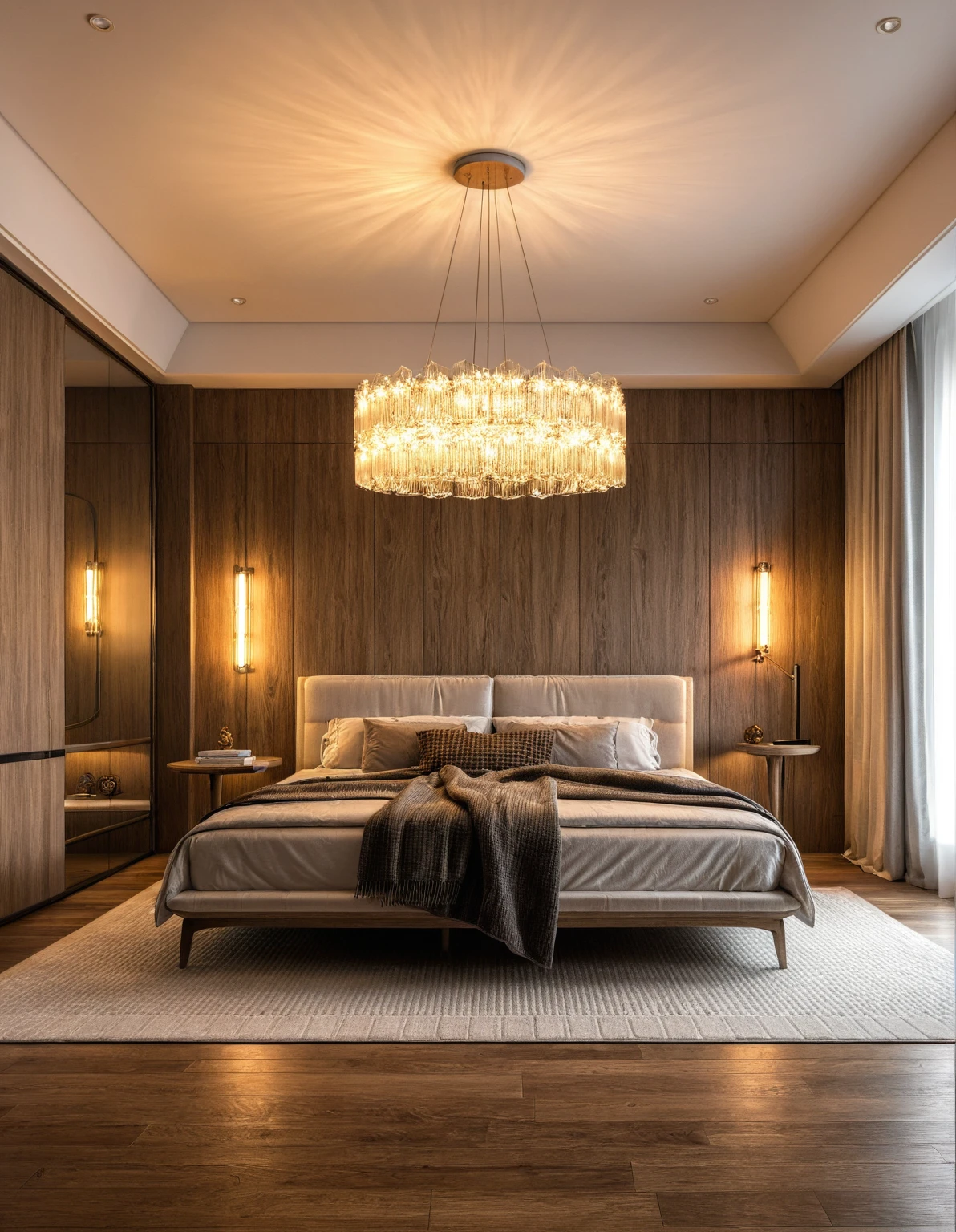 Raw photo,Masterpiece, high quality, best quality, authentic, super detail, interior, indoors, ((bedroom style modern luxury)), sunset, day light, bed, carpet, curves, bedside cabinets, wood floor ,wardrobe, glass cabinet doors, led, table lamps, chandeliers, windows, curtains, downlight, book