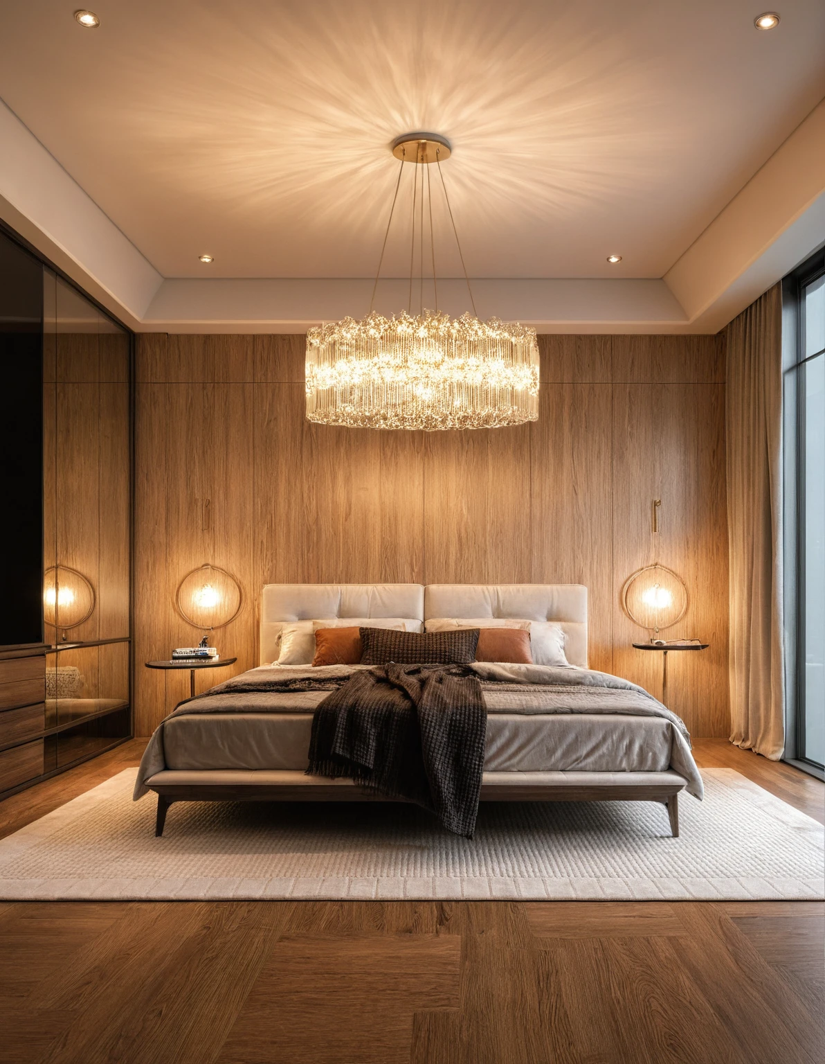 Raw photo,Masterpiece, high quality, best quality, authentic, super detail, interior, indoors, ((bedroom style modern luxury)), sunset, day light, bed, carpet, curves, bedside cabinets, wood floor ,wardrobe, glass cabinet doors, led, table lamps, chandeliers, windows, curtains, downlight, book