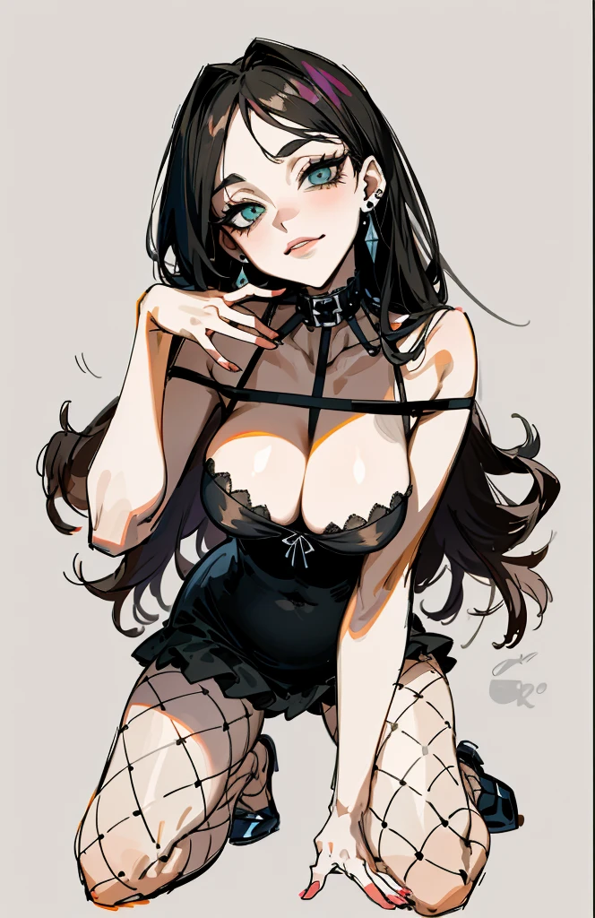 （best quality，masterpiece：1.2，detailed details，4k），((masterpiece)), ((best quality)), (ultra-detailed), anime style,large breast, slim, slender, ashamed, all fours ，Kneeling,Girl with modern gothic makeup, fair skin, long legs, black eyeshadow, camisole, plump figure, earrings and lip studs, fishnet stockings, posing in an attractive pose, lovable expression