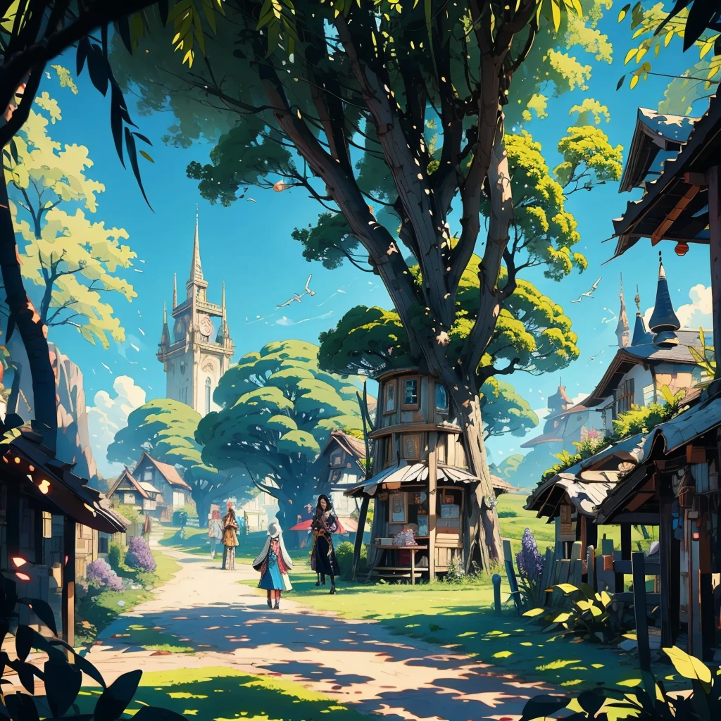 anime style, in ELVEN VILLAGE, long shot, Quaint, tree-integrated homes, pathways lined with lilacs. Elven villagers in the background, going about their daily activities.