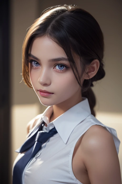 a young girl with beautiful detailed eyes, beautiful detailed lips, extremely detailed eyes and face, long eyelashes, wearing a white collared shirt, blue tie, bare shoulders, open sleeves, an evil smirk, dark skin, red eyes, black eyes, orange pupils, masterpiece, 8k, hyper-detailed, photorealistic, dark fantasy, chiaroscuro lighting