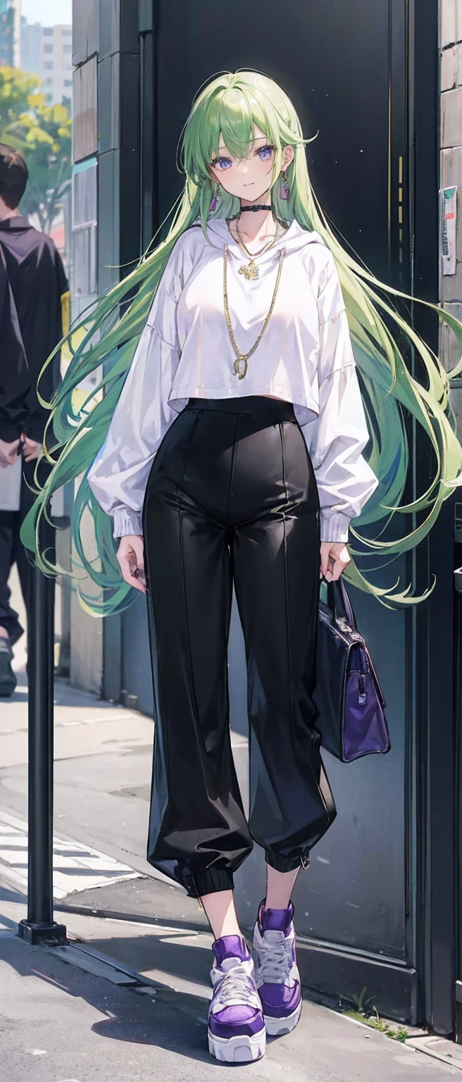 High resolution, high resolution,2D Anime Style,,Cool woman,Mature look,,Late 20s,Beautiful long green hair,Purple Eyes,Beautiful watch,Beautiful earrings,Beautiful necklace,Street fashion,White oversized hoodie,black long wide pants,Platform sneakers,He is smiling a little,In the Studio,I&#39;m playing the guitar,