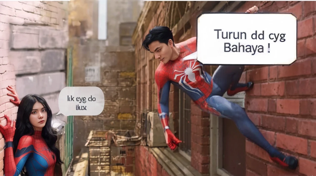 A couple wearing Spiderman clothes is climbing a wall. Handsome man with black hair. Beautiful woman with black hair. Beside the woman there is a box with the words written on it "sis cyg dd is coming along". Likewise with the man in the written box "Going down is dangerous!"