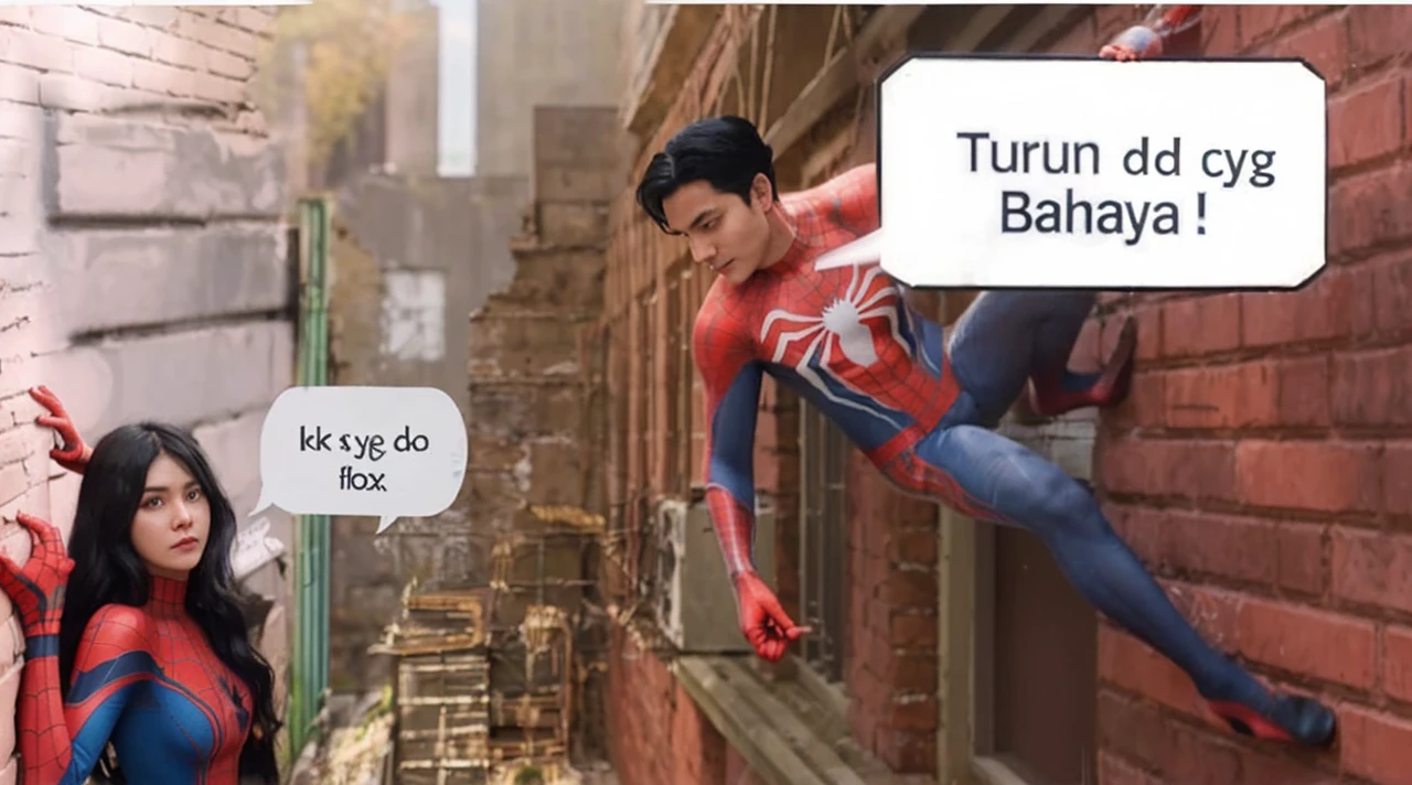 A couple wearing Spiderman clothes is climbing a wall. Handsome man with black hair. Beautiful woman with black hair. Beside the woman there is a box with the words written on it "sis cyg dd is coming along". Likewise with the man in the written box "Going down is dangerous!"