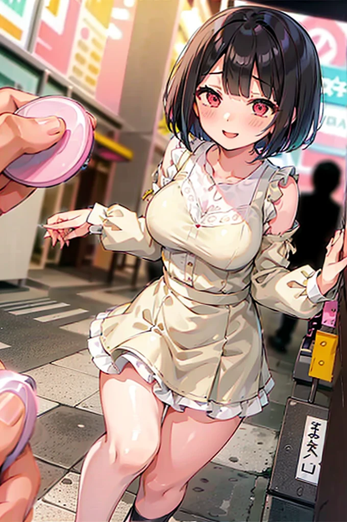 4K，One Girl, MS. end，thin，Very short stature，Very thin thighs，Blunt bangs，Short dress shirt, Half sleeves，Red Suspender Mini Skirt，blush, smile, Bobcut, Black Hair，Vibrant colors, ahegao，A lot of love juice drips down her thighs onto the floor，(remote_play))，remote-vibrating-egg，((Someone else's hand holding a pink round remote control:1.3))、Ecstatic expression，Accurate and detailed female fingers，nsfw,clench