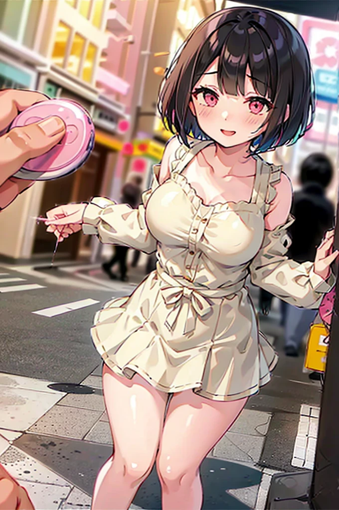 4K，One Girl, MS. end，thin，Very short stature，Very thin thighs，Blunt bangs，Short dress shirt, Half sleeves，Red Suspender Mini Skirt，blush, smile, Bobcut, Black Hair，Vibrant colors, ahegao，A lot of love juice drips down her thighs onto the floor，(remote_play))，remote-vibrating-egg，((Someone else's hand holding a pink round remote control:1.3))、Ecstatic expression，Accurate and detailed female fingers，nsfw,clench