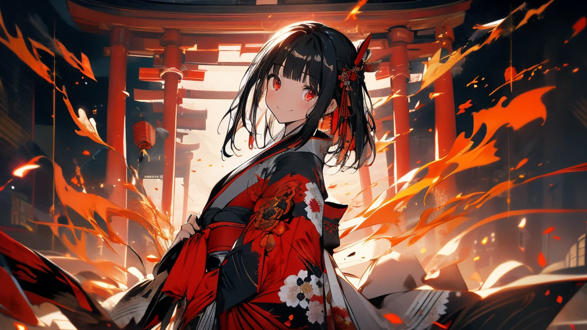 (Flying debris), (Highest quality), Very detailed, 1 Girl, Focus Only,Perfect Face, Pretty face, Very detailed顔,(Black-haired:1.3),(Red eyes:1.3),Light,smile,new year,(kimono:1.hrine