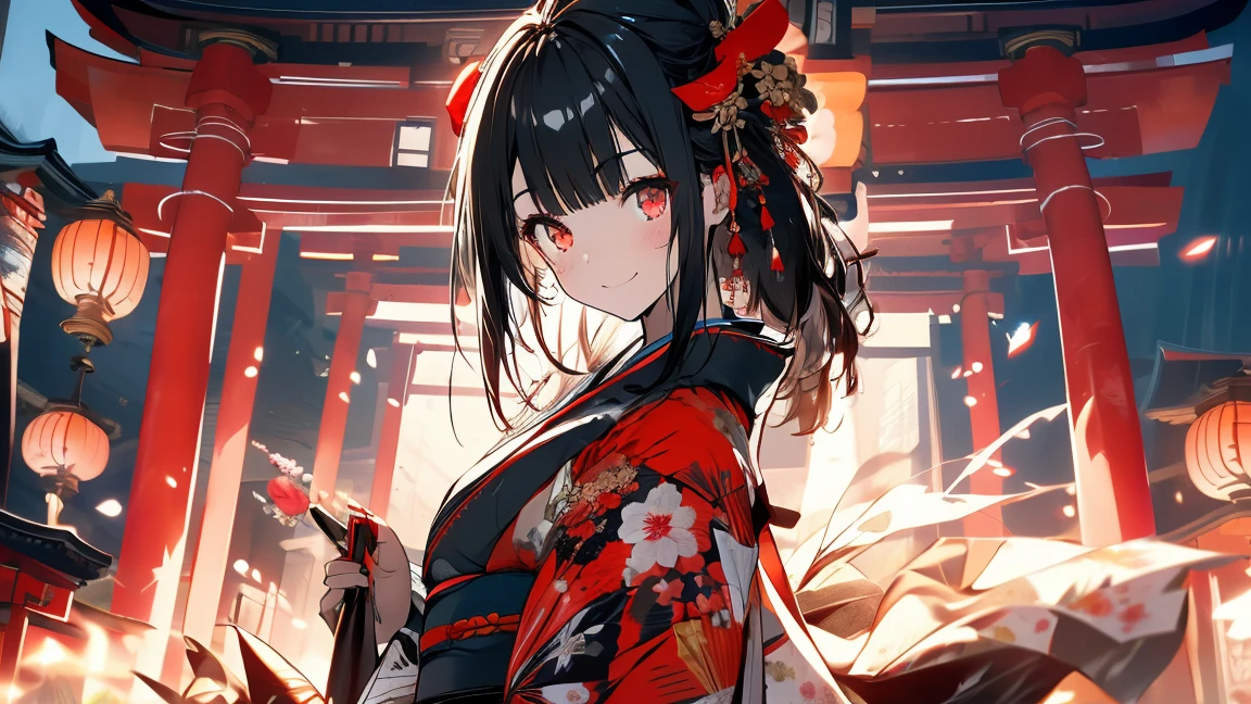 (Flying debris), (Highest quality), Very detailed, 1 Girl, Focus Only,Perfect Face, Pretty face, Very detailed顔,(Black-haired:1.3),(Red eyes:1.3),Light,smile,new year,(kimono:1.4),shrine