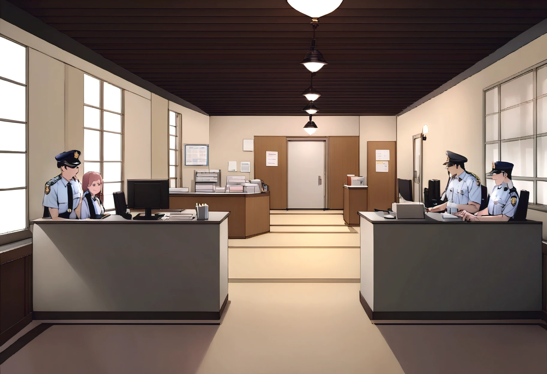Reception desk inside the police station,Bow reception,Visitation Office,Incandescent lamp,Police officers coming and going