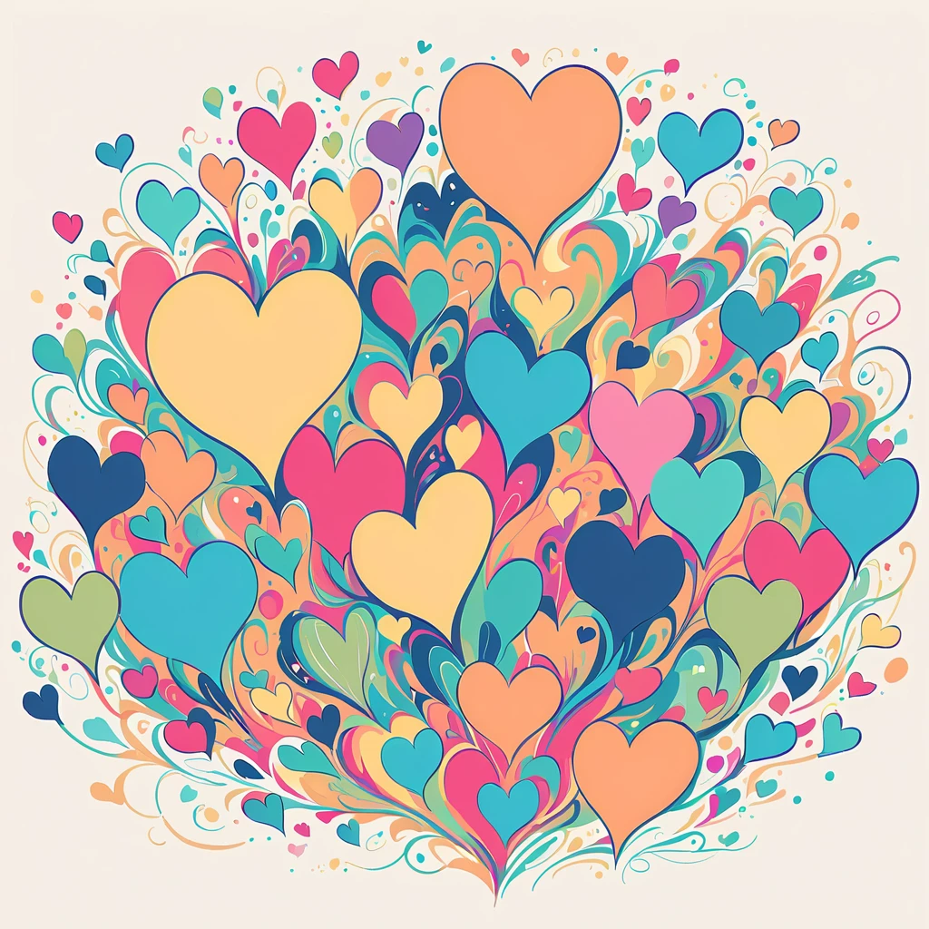 Kei Mochizuki style, Simple Line Initialism,Abstract art,Urban Background, colorful hearts ,No people