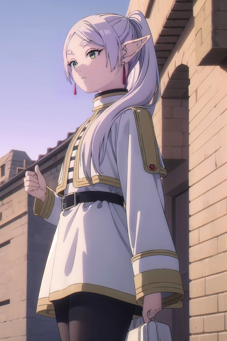 to freeze, to freeze, long hair, ponytail, (green eyes:1.5), White hair, pointed ears, elf,
BREAK shirt, long sleeves, jewelry, Tights, earrings, striped, black Tights, lure, striped shirt,
BREAK looking at viewer, upper body, whole body,
BREAK outdoors, sky, nature,
BREAK (masterpiece:1.2), Best quality, A high resolution, unity 8k wallpaper, (illustration:0.8), (beautiful detailed eyes:1.6), very detailed face, perfect lighting, extremely detailed computer graphics, (perfect hands, Ideal Anatomy),