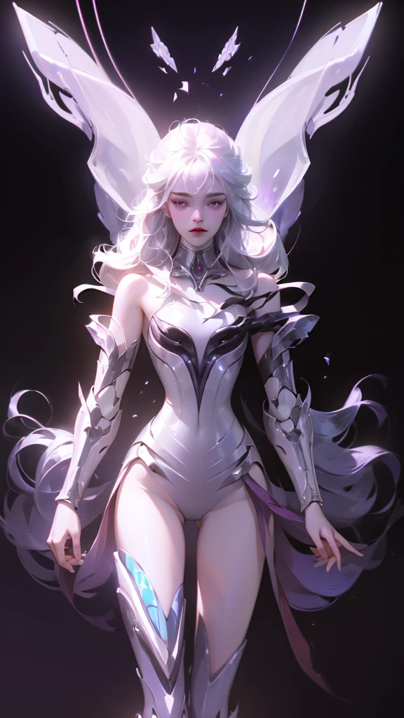 ((girl, Mecha)), Glowing eyes, Armor damage, Mechanical aura, Mechanical arm, White hair, Long hair, Ceramic body, Thigh gap, Dark background, (translucent, Reflective Skin), (Surrealism: 1.4),