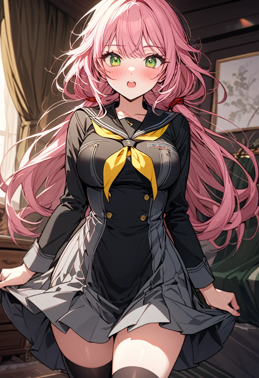 The image is of a beautiful woman wearing a tight fitting uniform. The woman has long flowing pink hair with strands of braided hair tied with red ribbon throughout. She has gorgeous green eyes that shine like emeralds. Her face is youthful and gorgeous. Her breasts are ample and seem too large for her uniform. She is short in height but well developed -a short stack. She blushes as you look at her. She's standing in your bedroom and is excited to be with you. The image is ultra detailed with gorgeous colors, perfect line work, and detailed shading. The image really portrays the sexiness of the character. YasogamiFemaleWinter, black shirt, long sleeves, black sailor collar, yellow neckerchief, grey skirt, black thighhighs, 