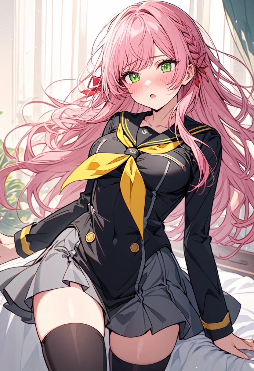 The image is of a beautiful woman wearing a tight fitting uniform. The woman has long flowing pink hair with strands of braided hair tied with red ribbon throughout. She has gorgeous green eyes that shine like emeralds. Her face is youthful and gorgeous. Her breasts are ample and seem too large for her uniform. She is short in height but well developed -a short stack. She blushes as you look at her. She's standing in your bedroom and is excited to be with you. The image is ultra detailed with gorgeous colors, perfect line work, and detailed shading. The image really portrays the sexiness of the character. YasogamiFemaleWinter, black shirt, long sleeves, black sailor collar, yellow neckerchief, grey skirt, black thighhighs, 