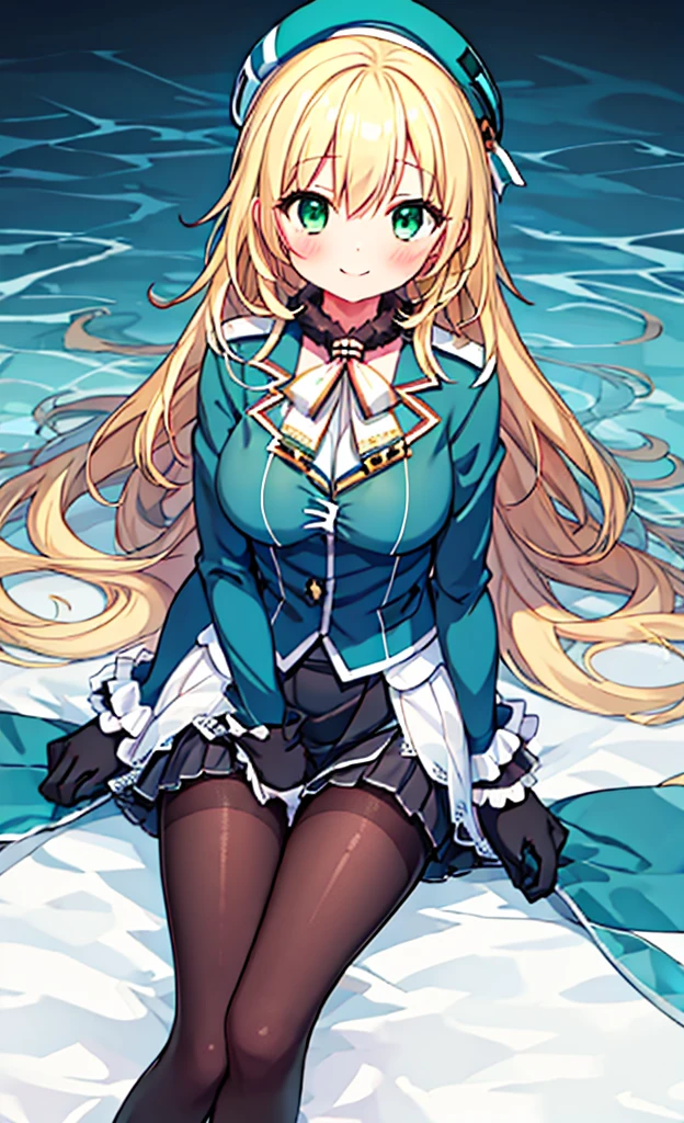 masterpiece,Highest quality,1 Girl,alone,blush with embarrassment,(Bold:1.6),(flat:1.5), Atago, (Fleet Collection),(Portraiture:1.2),blonde_hair,length_hair,big_chest,Have,smile,beret,green_eye,green_eye,black_gloves,black INNER SKIRT,uniform,pantyhose, slit_blue long skirt,blackいレーススカート,