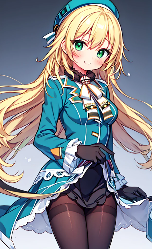 masterpiece,Highest quality,1 Girl,alone,blush with embarrassment,(Bold:1.6),(flat:1.5), Atago, (Fleet Collection),(Portraiture:1.2),blonde_hair,length_hair,big_chest,Have,smile,beret,green_eye,green_eye,black_gloves,black INNER SKIRT,uniform,pantyhose, slit_blue long skirt,blackいレーススカート,