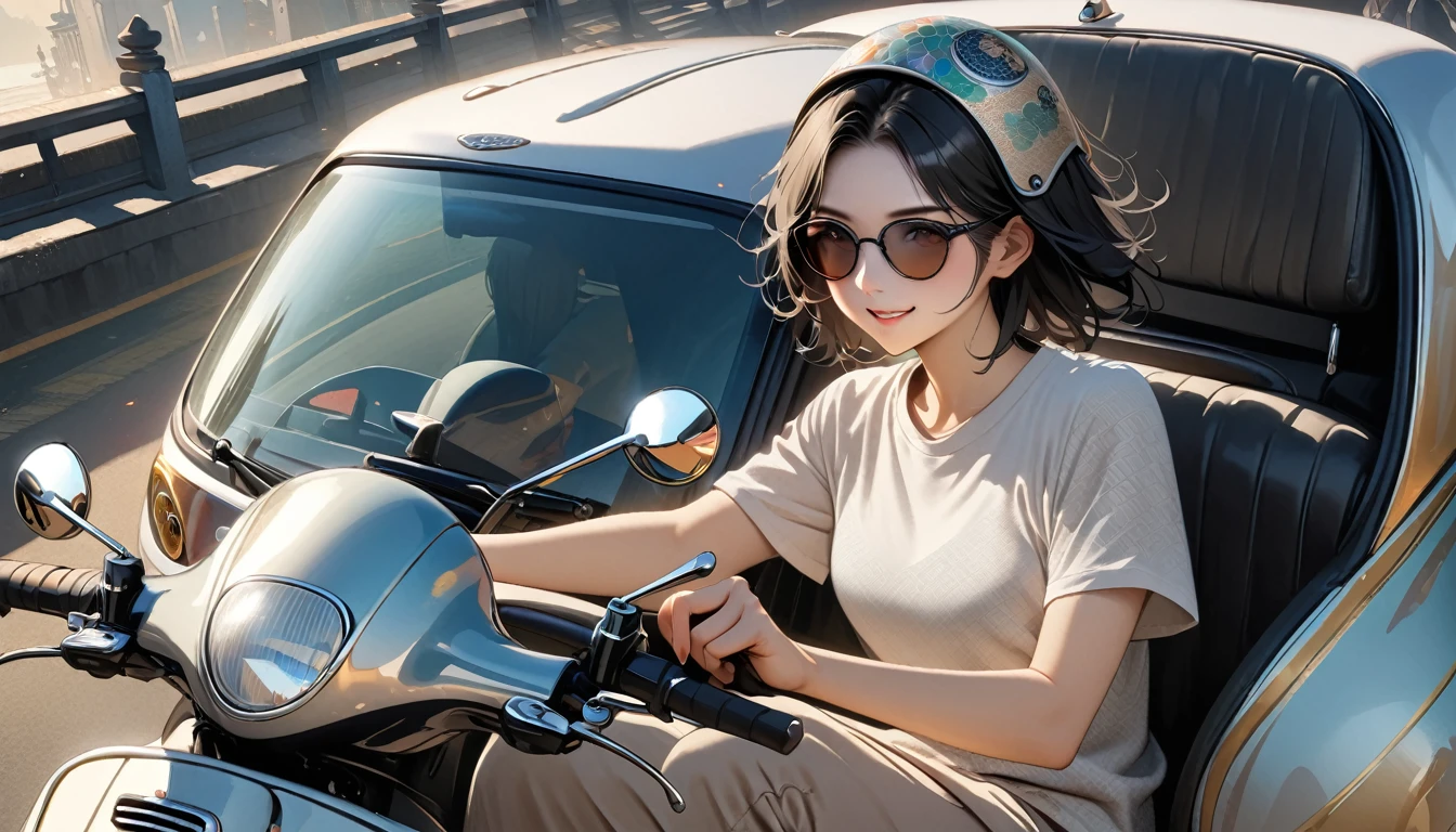 ((8k of extremely detailed CG unit, Masterpiece, high resolution, highest quality, highest quality real texture skin)), (((Driving a Vespa with a smile))), ((1 girl)), ((Japanese patterned helmet,sunglasses)), (Japanese pattern Tシャツ, denim), (Black hair, messy hair, beige skin), (surreal, digital painting)