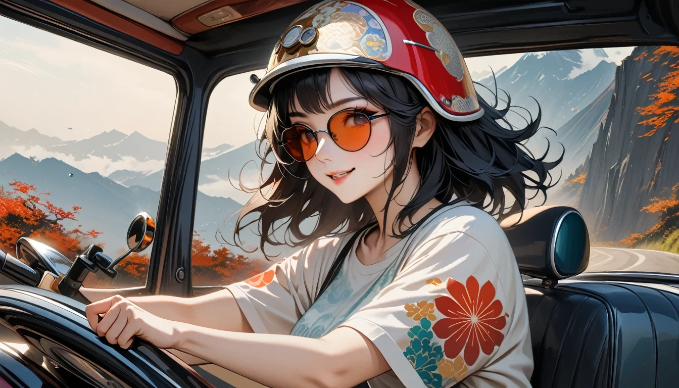 ((8k of extremely detailed CG unit, Masterpiece, high resolution, highest quality, highest quality real texture skin)), (((Driving a Vespa with a smile))), ((1 girl)), ((Japanese patterned helmet,sunglasses)), (Japanese pattern Tシャツ, denim), (Black hair, messy hair, beige skin), (surreal, digital painting)