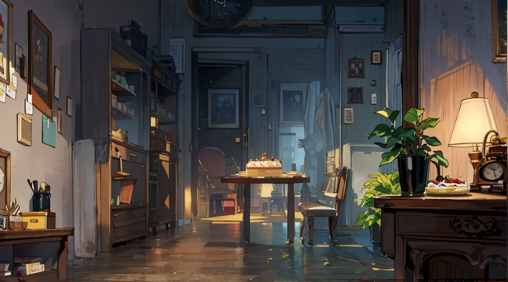(best quality,masterpiece:1.2,detailed details,4k),A dim old apartment, a small birthday cake on an old wooden table, a modern apartment, an alarm clock on the wall, an anime scene,the wooden floor,