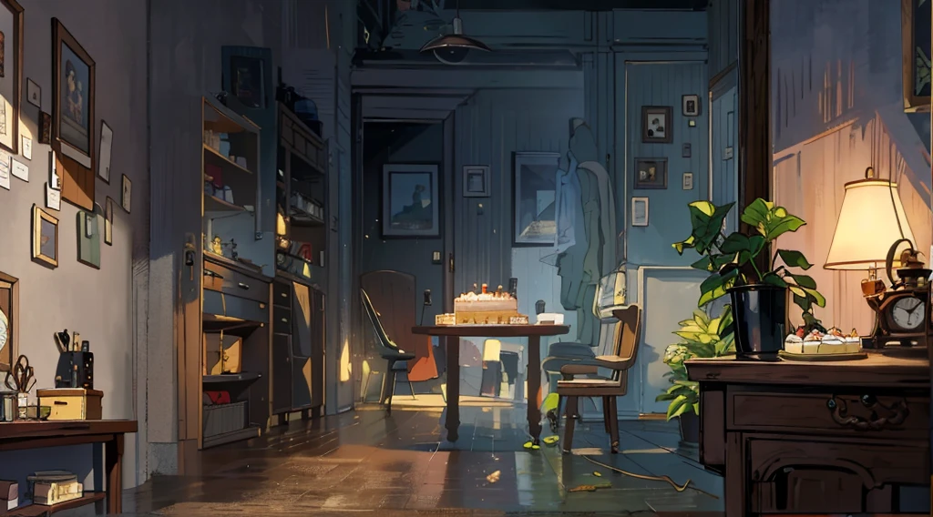 (best quality,masterpiece:1.2,detailed details,4k),A dim old apartment, a small birthday cake on an old wooden table, a modern apartment, an alarm clock on the wall, an anime scene,the wooden floor,