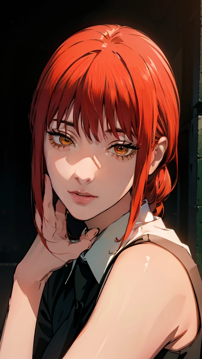 The character Makima from the anime series Chainsaw Man, fragile, full length (Full body 1.1.), dark background, darkness, Correct anatomy 1.1, correct hand anatomyVery sexy, erotica, very feminine, beautiful figure, legs, buttocks, Beautiful body, red hair, orange eyes, Red circles for ren, summer dress, sexy pose, realistic, very detailed, Beautiful body, detailed body, detailed hands, detailed, Vibrating, detailed Face, Makima character design. very detailed, detailed body, detailed hands, detailed Face, anime art, Hugh Details, Very downcast face, detailed eyes, Super thin illustration, best shadow, Fine detail, beautiful detailed glow, beautiful detailed, Extraordinarily beautiful, extremely detailed, inexpressive, epic composition, Anime style. anime art anime art, Anime style,