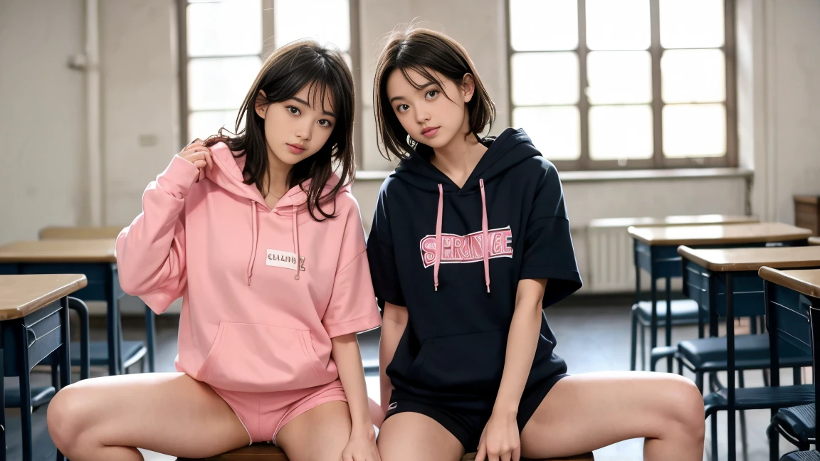 deux femmes ensemble de 18 ans sexy et mince , pink short sleeve hoodie , salle de classe, se touche,position sey,sensuel