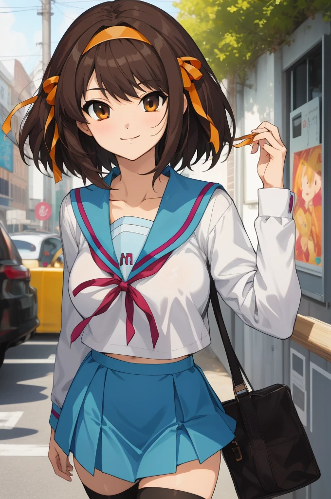 ((masterpiece)),(best quality),official art,extremely delicate and beautiful,extremely detailed CG,unity 8k wallpaper,ultra detailed,beautiful detailed eyes,extremely detailed face,outdoors,1girl,solo,cowboy shot,looking at viewer,facing viewer,smile,Suzumiya Haruhi,medium hair,brown hair,hair intakes,orange hairband,hair bow,orange bow,hair ribbon,orange ribbon,hair ornament,sidelocks,diagonal bangs,brown eyes,kita high ,collarbone,blue sailor collar,serafuku,neck ribbon,red ribbon,red bow,white shirt,long sleeves,large breasts,skindentation,shirt tucked in,miniskirt,blue skirt,zettai ryouiki,black thighhighs,loafers,