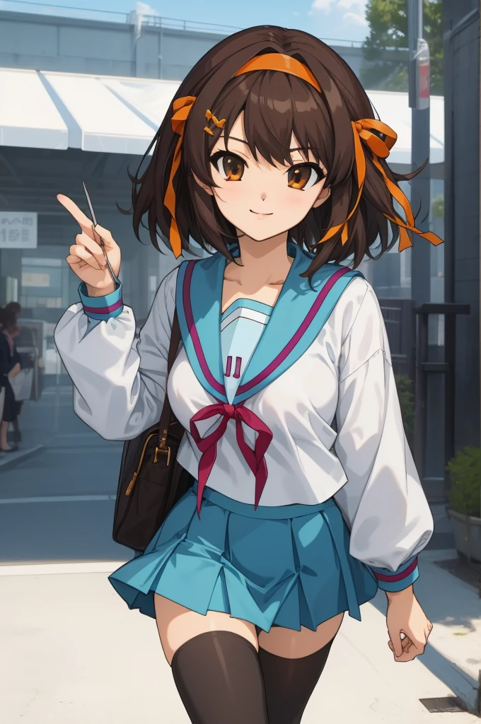 ((masterpiece)),(best quality),official art,extremely delicate and beautiful,extremely detailed CG,unity 8k wallpaper,ultra detailed,beautiful detailed eyes,extremely detailed face,outdoors,1girl,solo,cowboy shot,looking at viewer,facing viewer,smile,Suzumiya Haruhi,medium hair,brown hair,hair intakes,orange hairband,hair bow,orange bow,hair ribbon,orange ribbon,hair ornament,sidelocks,diagonal bangs,brown eyes,kita high ,collarbone,blue sailor collar,serafuku,neck ribbon,red ribbon,red bow,white shirt,long sleeves,large breasts,skindentation,shirt tucked in,miniskirt,blue skirt,zettai ryouiki,black thighhighs,loafers,