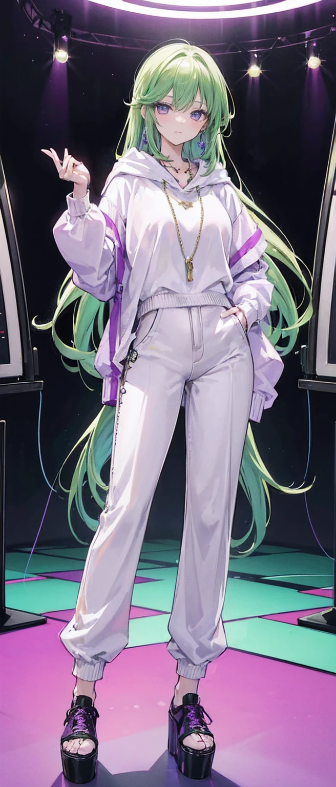 High resolution, high resolution,2D Anime Style,,Cool woman,Mature look,,Late 20s,Beautiful long green hair,Purple Eyes,Beautiful watch,Beautiful earrings,Beautiful necklace,White oversized hoodie,black long wide pants,Platform sneakers,He is smiling a little,In the studio,I&#39;m playing the guitar,