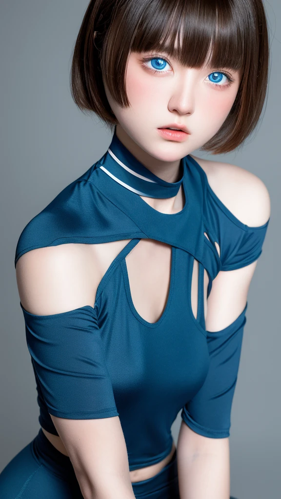 looking at the viewer, cinematic lighting, perfection, soft light, high resolution skins:1.2, realistic skin texture, 14 years old、small face、No makeup、off shoulder,bust B cup、 exposed cleavage, blue eyes, short hair, dark brown hair、leggings、good for sports、full nude、gray background