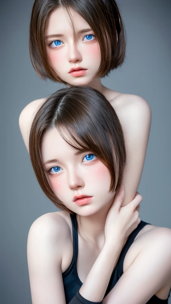 looking at the viewer, cinematic lighting, perfection, soft light, high resolution skins:1.2, realistic skin texture, 14 years old、small face、No makeup、off shoulder,bust B cup、 exposed cleavage, blue eyes, short hair, dark brown hair、leggings、good for sports、full nude、gray background