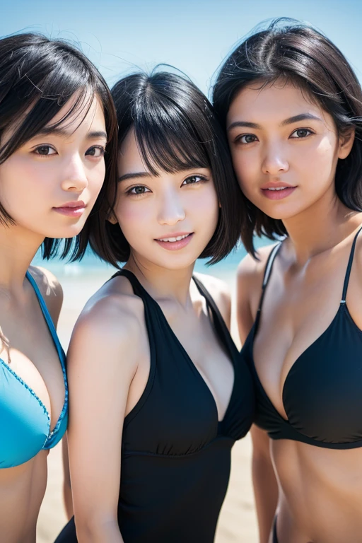 Three smiling girls, Blowing in the wind for a long time [Blue-black:.3] hair,View Audience, (masterpiece:1.3), (8K, Realistic, RAW Photos, Highest quality: 1.4), Japanese, (One Girl), Beautiful Face, (Realistic Face), (black hair, short hair:1.3), beautiful hairstyle, Realistic eyes, Beautiful details, (Realistic Skin), Beautiful Skin, charm, Ultra-high resolution, Ultra-realistic, Very detailed, Swimwear, Shooting with a smartphone