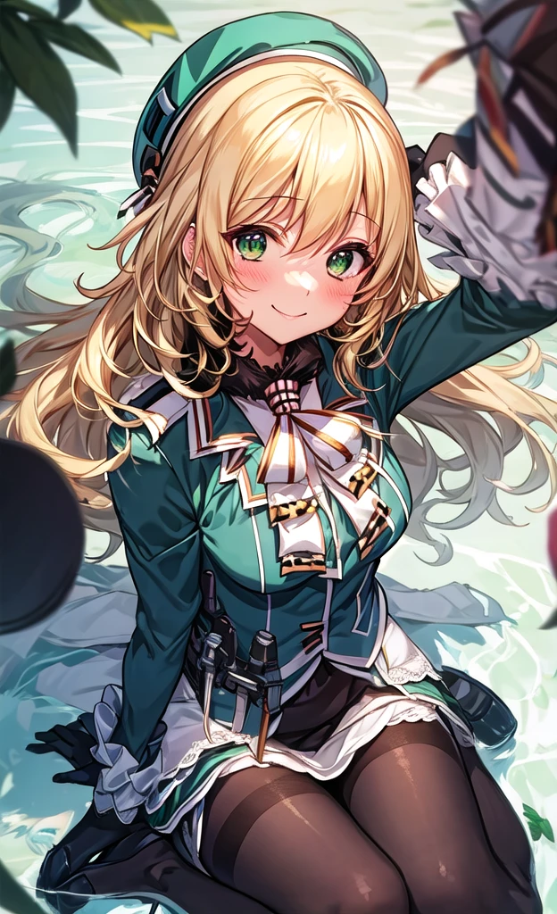 masterpiece,Highest quality,1 Girl,alone,blush with embarrassment,(Bold:1.6),(flat:1.5), Atago, (Fleet Collection),(Portraiture:1.2),blonde_hair,length_hair,big_chest,Have,smile,beret,green_eye,green_eye,black_gloves,black INNER SKIRT,uniform,pantyhose, slit_blue long skirt,透けたblackいレーススカート,