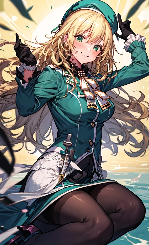 masterpiece,Highest quality,1 Girl,alone,blush with embarrassment,(Bold:1.6),(flat:1.5), Atago, (Fleet Collection),(Portraiture:1.2),blonde_hair,length_hair,big_chest,Have,smile,beret,green_eye,green_eye,black_gloves,black INNER SKIRT,uniform,pantyhose, slit_blue long skirt,透けたblackいレーススカート,